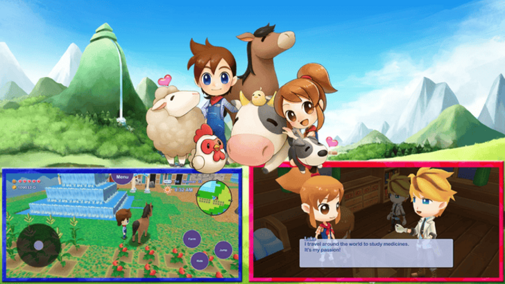 Gameplay shows player next to their horse near a farm and fountain