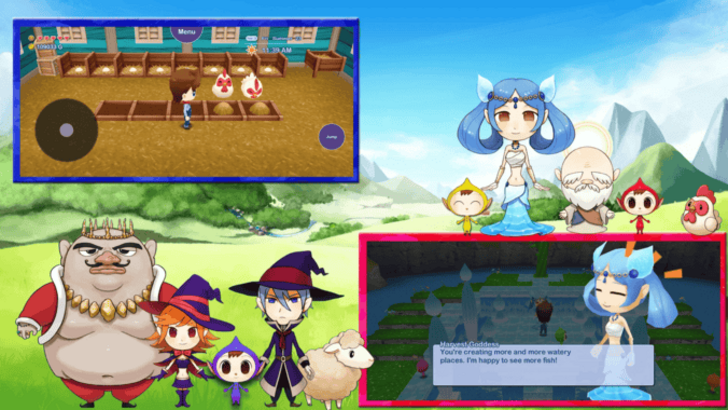 Gameplay shows a player inside a chicken pen and interacting with a goddess