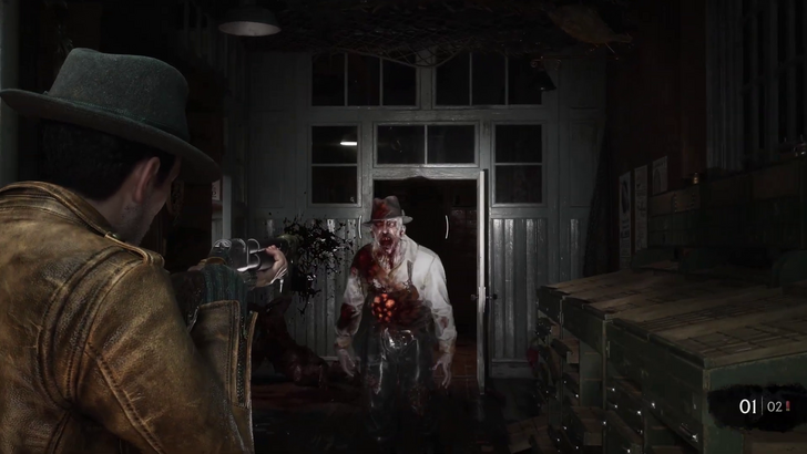 IAn investigator pointing a shotgun at a humanoid