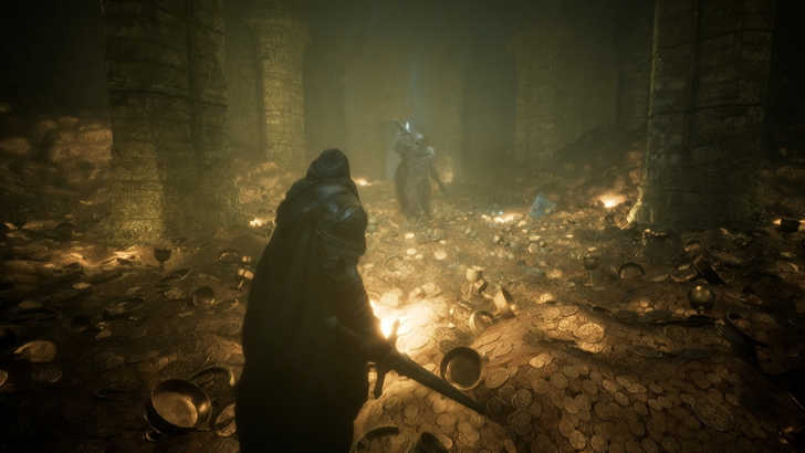 player holding sword in treasury with gold approaching enemy