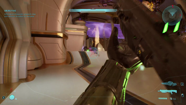 first person shooting with gun with green lights