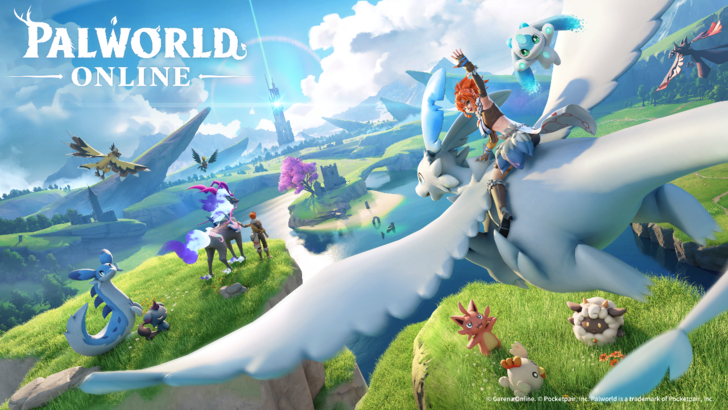 Palworld Online Key Art With Player Flying in Sky With Pals