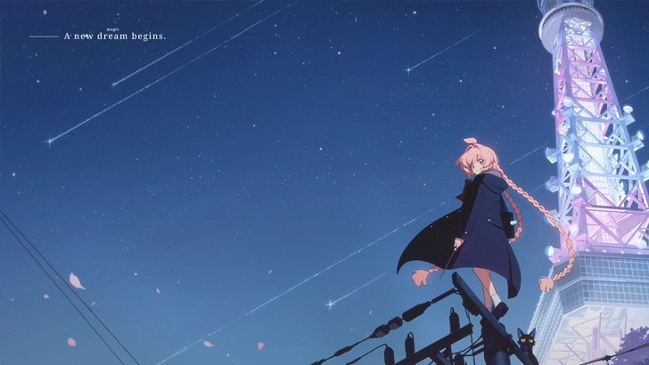 pink haired girl standing on electricty post with pink and blue tower behind her and starry sky with meteors