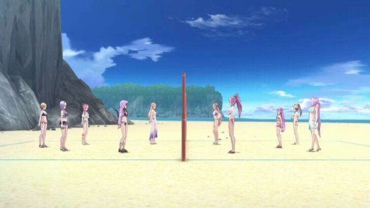 Characters playing on the beach while wearing swimsuits