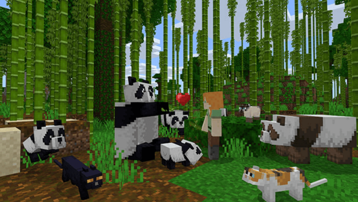 Pandas and cats in a bamboo forest