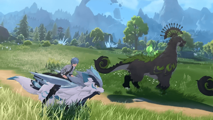 Starborn rides a Snow Wolf Kibo through a grassy field in Azur Promilia
