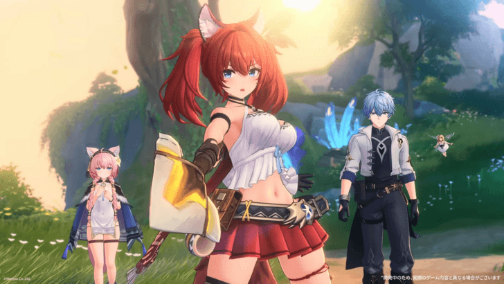 Terara stands with Starborn and Abby in a forested area of Azur Promilia