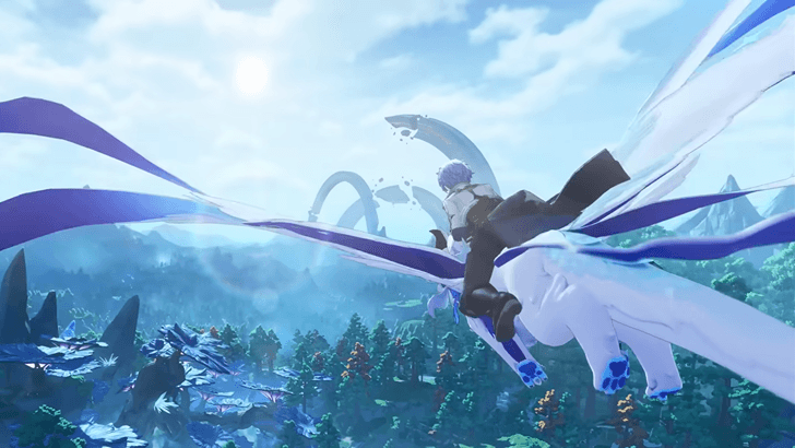 Starborn rides a flying Kibo above the landscape in Azur Promilia