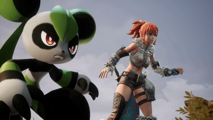 Pal trainer fighting alongside a Leafan