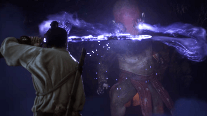 Draining purple essence with a magical sword