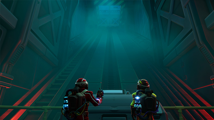 two people in space suits in front of elevator