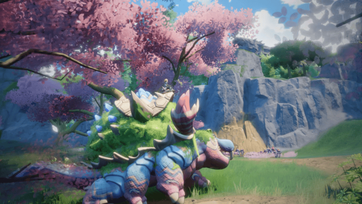 Riding a large turtle creature