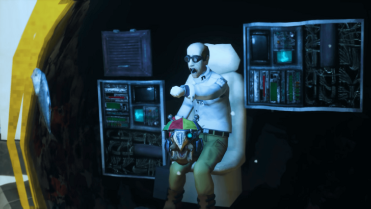 Disgruntled scientist holding alien pet