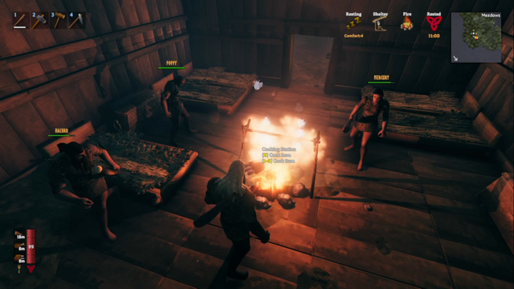 valheim group huddled around fire