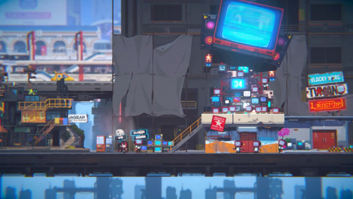 Pixel art of a cyberpunk city