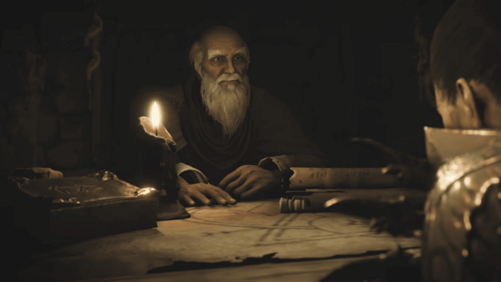Old man Deckard Caine behind candlelight