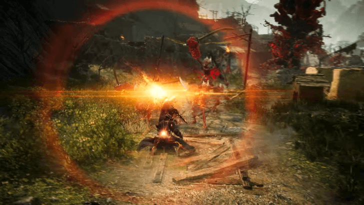 The protagonist parrying an opponent