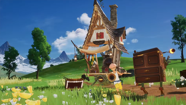 bloomwalker and mving house and furniture in sunny field