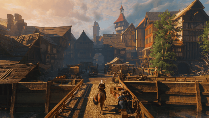 Geralt on horseback in a town