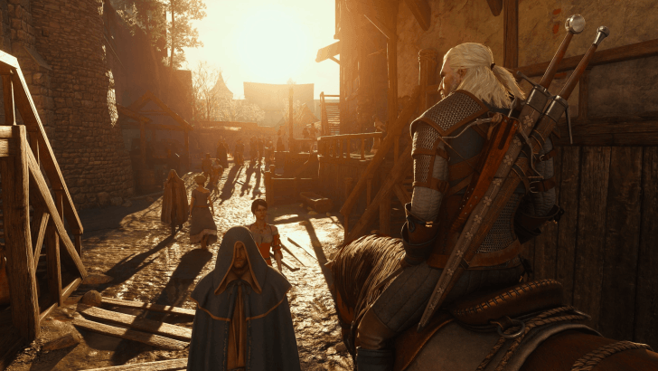Geralt riding Roach across a town