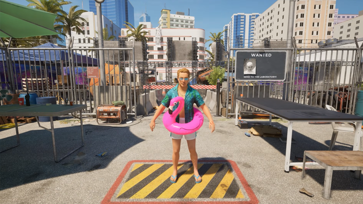 human standing with pink floatie
