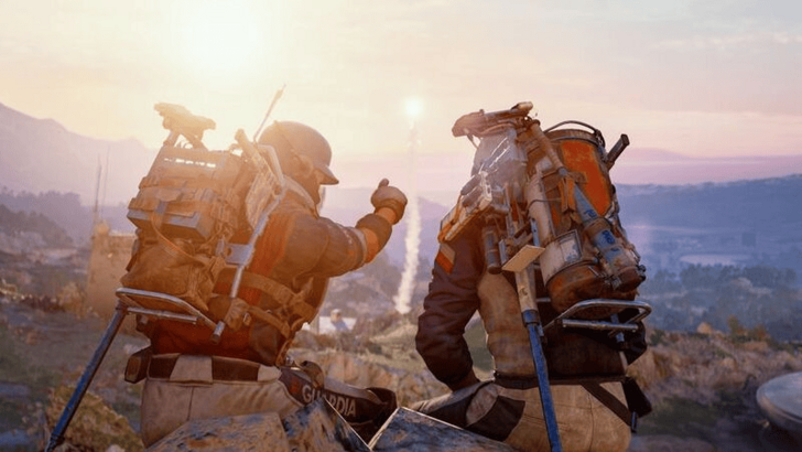 Two raiders watch a flare in the distance