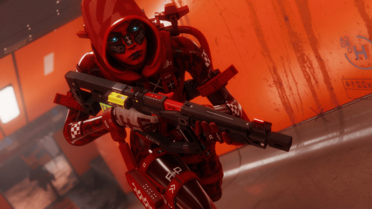 Serious cyborg running bathe in red light