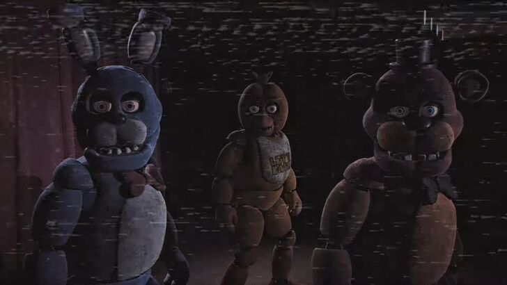 Freddy Fazbear Bonnie and Chica Looking At Camera Feed