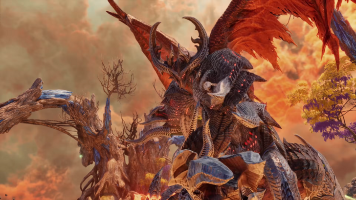 Demonic figure fights in an open field