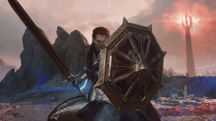 warrior holding up a big shield