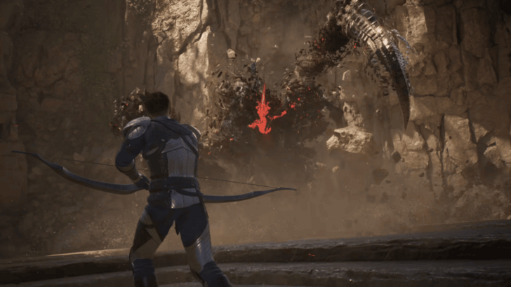 Archer drawing a bow against a scorpion monster