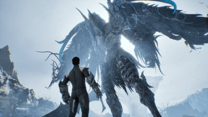 Imposing creature towers over human warrior