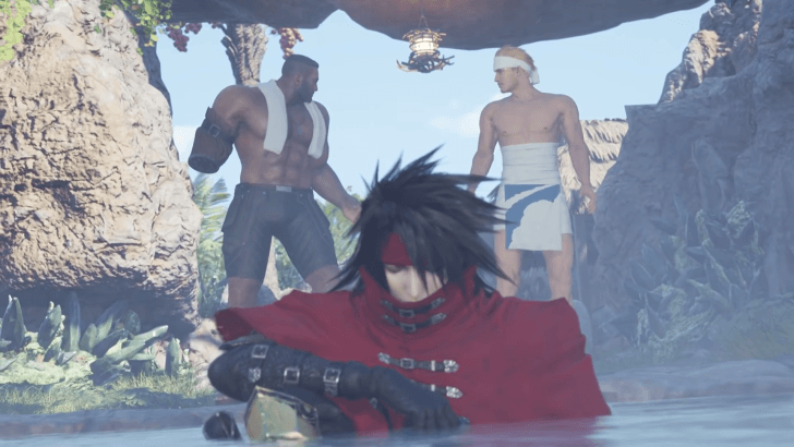 Vincent relaxing in the hot spring with Barret and Cid in disbelief why he has clothes on