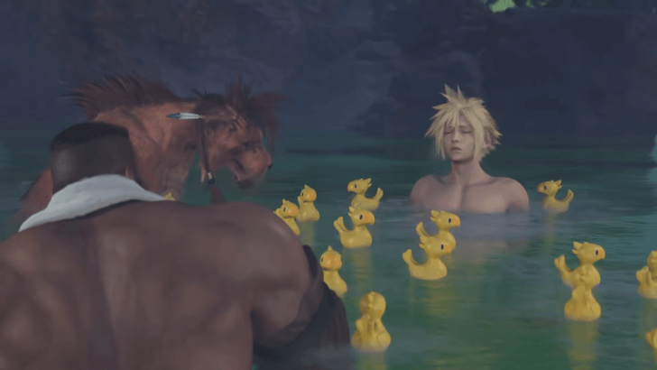 Cloud Barret and Red XIII in a hotspring