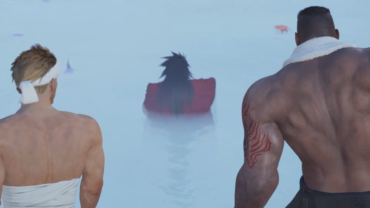 Barret and Cid encountering Vincent fully clothed in a hotspring