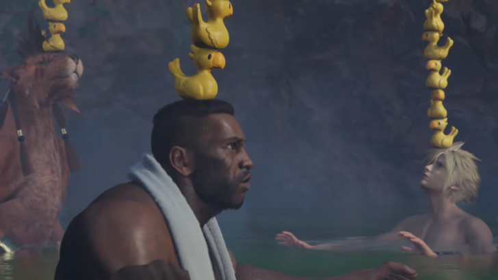 Cloud Barret and Red XIII balancing rubber Chocobos in the hotspring
