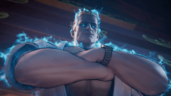 A bulky man stands smugly with blue aura