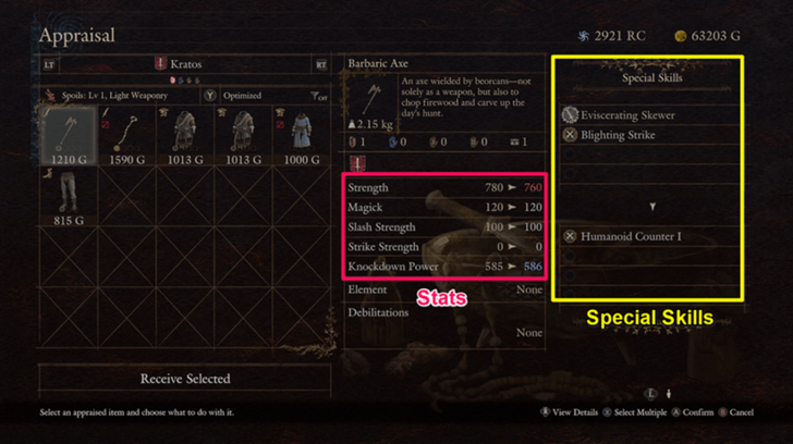 Appraised Gear Stats and Skills