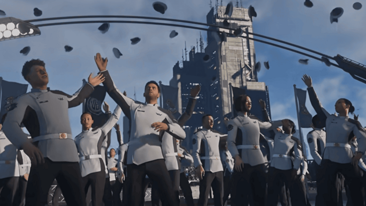 Class of cadets throwing caps