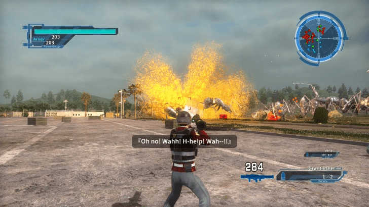 Earth Defense Force 5 - A great splash of orange blood as an alien is killed from afar