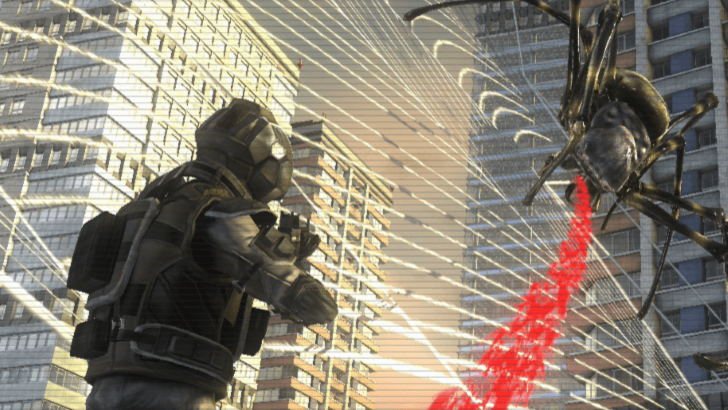 Earth Defense Force 5 - Ranger facing off against alien spider