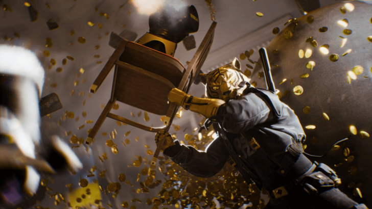 Masked gold tiger attacking with chair